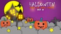 Happy Halloween banner or party invitation vector background with night clouds and pumpkins in paper cut style.Full moon in the Royalty Free Stock Photo