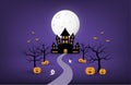 Happy Halloween banner or poster background with big moon and silhouette ghost castle, pumpkin, bare tree and bit in paper cut Royalty Free Stock Photo