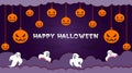 Happy Halloween banner, poster, invitation card with night clouds, hanging orange pumpkins, bats, white ghosts and text Royalty Free Stock Photo