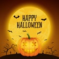 Happy Halloween Banner with Pumkin. Vector Glossy Cartoon Halloween Pumkin Lantern with Funny Face on Dark Night