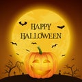 Happy Halloween Banner with Pumkin. VectorCartoon Halloween Pumkin Lantern with Funny Face on Dark Night Cemetery