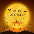 Happy Halloween Banner with Pumkin. VectorCartoon Halloween Pumkin Lantern with Funny Face on Dark Night Cemetery