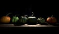 Happy Halloween banner with pumpkins on dark background. Mockup. Generative AI Royalty Free Stock Photo