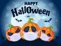 Happy Halloween 2020. Halloween banner with pumpkins in medical mask, bat and moon. Stop Coronavirus. Covid-19. Stop the global pa