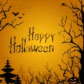 Happy Halloween banner with scary black forest on orange background. Vector illustration of silhouettes of trees with cobwebs and Royalty Free Stock Photo