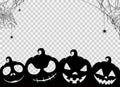 Happy halloween banner with scary pumpkin face, spider hanging from spiderwebs isolated on png or transparent background,element