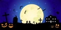 Happy Halloween banner with spooky pumpkins on cemetery. scary night background with zombie and moon Royalty Free Stock Photo