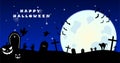 Happy Halloween banner with spooky pumpkins on cemetery. scary night background with zombie and moon Royalty Free Stock Photo