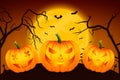 Happy Halloween Banner with Three Pumkins. Vector Cartoon Halloween Pumkin Lantern with Funny Faces on Dark Night