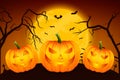 Happy Halloween Banner with Three Pumkins. Vector Cartoon Halloween Pumkin Lantern with Funny Faces on Dark Night