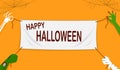 Happy Halloween banner vector illustration, four monster hands holding white textile banner sign Royalty Free Stock Photo