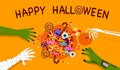 Happy Halloween banner vector illustration, four monster hands with sweet candy lollipop dessert in pumpkin basket Royalty Free Stock Photo