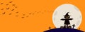 Happy Halloween banner vector illustration, spooky shadow scarecrow and halloween pumpkin at graveyard with full moon on orange ba Royalty Free Stock Photo