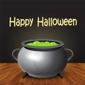 Happy halloween banner with witch cauldron boiling the potion.