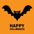 Happy Halloween. Bat flying black silhouette icon. Cute cartoon baby character with big open wing, eyes, ears. Forest animal. Flat Royalty Free Stock Photo