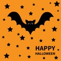 Happy Halloween. Bat flying black stars silhouette icon. Cute cartoon baby character with big open wing, eyes, ears. Forest animal Royalty Free Stock Photo