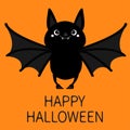 Happy Halloween. Bat flying. Cute cartoon baby character with big open wing, ears, legs. Black silhouette. Forest animal. Flat des Royalty Free Stock Photo
