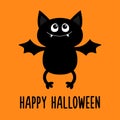 Happy Halloween. Bat flying. Cute cartoon kawaii funny baby animal charater. Black silhouette. Greeting card. Flat design. Orange Royalty Free Stock Photo