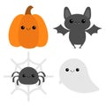 Happy Halloween. Bat, ghost spirit, spider, pumpkin with face. Cute cartoon kawaii funny baby character set. Flat design. White Royalty Free Stock Photo