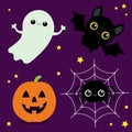 Happy Halloween. Bat, ghost spirit, spider web, pumpkin with face. Cute cartoon kawaii funny baby character set. Yellow stars. Royalty Free Stock Photo