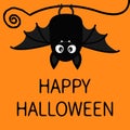 Happy Halloween. Bat hanging. Cute cartoon baby character with big open wing, ears, legs. Black silhouette. Forest animal. Flat de Royalty Free Stock Photo
