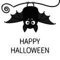Happy Halloween. Bat hanging. Cute cartoon baby character with big open wing, ears, legs. Black silhouette. Forest animal. Flat de Royalty Free Stock Photo