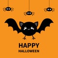 Happy Halloween. Bat, spider set flying. Cute cartoon kawaii funny round baby character with open wings. Black silhouette. Forest