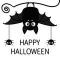 Happy Halloween. Bat Spiders insect hanging. Cute cartoon baby character with big open wing, ears, legs. Black silhouette. Forest Royalty Free Stock Photo