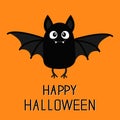 Happy Halloween. Bat vampire. Cute cartoon baby character with big open wing, ears, legs. Black silhouette. Forest animal. Flat de Royalty Free Stock Photo