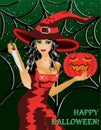 Happy halloween. Beautiful witch with a knife