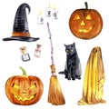 Happy Halloween big collection with kitty character, party garlands, various holiday symbols. Hand drawn watercolour painting on Royalty Free Stock Photo