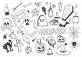 Happy halloween. Big set of horror hand drawn doodle. Collection halloween and magic elements. Pumpkins, ghost, skull, cemetery, Royalty Free Stock Photo