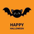 Happy Halloween. Black bat flying silhouette icon. Cute cartoon round baby character with big open wing, eyes, ears. Forest animal Royalty Free Stock Photo