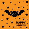 Happy Halloween. Black bat flying stars silhouette icon. Cute cartoon round baby character with big open wing, eyes, ears. Forest Royalty Free Stock Photo