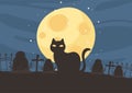 Happy halloween, black cat cemetery gravestones crosses night moon trick or treat party celebration