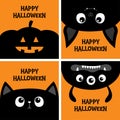 Happy Halloween. Black cat kitten head face, bat, monster, pumpkin set. Bones text font. Bone letter type. Cute cartoon pet Royalty Free Stock Photo