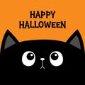 Happy Halloween. Black cat kitten head face looking up. Bones text font. Bone letter type. Cute cartoon character. Pet baby