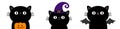 Happy Halloween. Black cat kitten head face set. Line banner. Bat wing. Witch hat. Pumpkin. Cute cartoon kawaii character. Pet Royalty Free Stock Photo