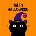 Happy Halloween. Black cat kitten head face. Witch hat. Bones text font. Bone letter type. Cute cartoon kawaii character. Pet baby