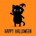 Happy Halloween. Black cat kitten kitty waving hand. Witch hat cap. Cute cartoon kawaii funny character. Baby pet animal Royalty Free Stock Photo