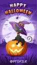 Happy Halloween. Black cat in witch hat sit on pumpkin lantern and show tongue. Vector illustration Royalty Free Stock Photo