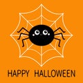 Happy Halloween. Black round spider sitting on the web. Funny insect. Long paws. Big eyes. Cute cartoon kawaii baby character.