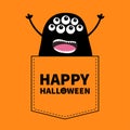 Happy Halloween. Black screaming monster silhouette in the pocket. Hands up. Cute cartoon scary funny character. Baby collection.
