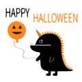 Happy Halloween. Black silhouette monster with sharp tail, horn, fang tooth, eye. Holding pumpkin face balloon. Cute cartoon funny