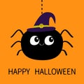 Happy Halloween. Black spider silhouette hanging on dash line web. Witch hat. Funny insect. Big eyes. Cute cartoon baby character. Royalty Free Stock Photo