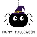 Happy Halloween. Black spider silhouette hanging on dash line web. Witch hat. Funny insect. Big eyes. Cute cartoon baby character. Royalty Free Stock Photo