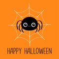 Happy Halloween. Black spider sitting on the web. Funny insect with eyes. Long paws. Cute cartoon kawaii baby character. Greeting