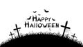 Happy halloween. Black text banner on a white background. Cemetery with crosses. Spiders, bats and spiderweb. Grunge text. Vector Royalty Free Stock Photo