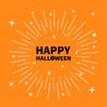 Happy halloween black text Pumpkin smiling face silhouette. Sunburst round line circle. Shining effect stars. Abstract