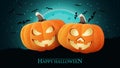 Happy Halloween, blue horizontal getting postcard with two fun pumpkins against the night landscape Royalty Free Stock Photo